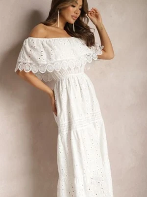 Biała Bawełniana Sukienka Hiszpanka Ażurowa Maxi z Falbankami i Koronką Telavia ambitionfly