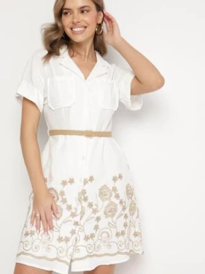 Biała Bawełniana Sukienka Koszulowa o Rozkloszowanym Kroju z Paskiem i Haftem Nalione rosa