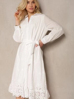 Biała Bawełniana Sukienka Koszulowa z Guzikami i Materiałowym Paskiem Wykończona Koronką Satala