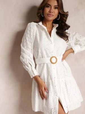 Biała Bawełniana Sukienka Koszulowa z Paskiem i Haftem z Drobnymi Wycięciami Clea bisou's project