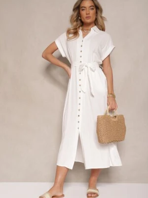 Biała Bawełniana Sukienka Koszulowa z Wiązanym Paskiem i Krótkim Rękawem Elannoria m&d fashion