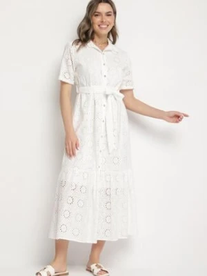 Biała Bawełniana Sukienka Koszulowa z Wiązanym Paskiem Zdobiona Haftem Efriselle m&d fashion