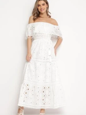 Biała Bawełniana Sukienka Maxi w Stylu Boho Ozdobiona Ażurowym Haftem Hellvia ambitionfly