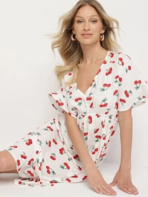 Biała Bawełniana Sukienka o Rozkloszowanym Kroju we Wzór w Wisienki Folelia defox