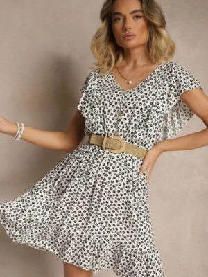 Biała Bawełniana Sukienka o Rozkloszowanym Kroju z Guzikami w Kwiatowy Wzór Roniva defox