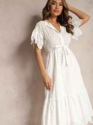 Biała Bawełniana Sukienka o Rozkloszowanym Kroju z Haftem z Guzikami i Gumką w Pasie Lovarae bisou's project