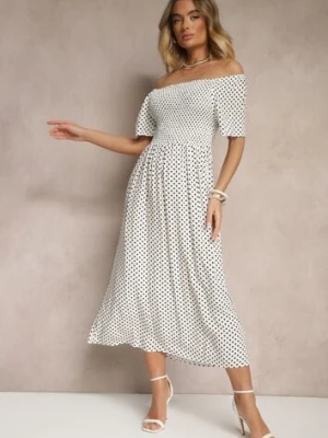 Biała Bawełniana Sukienka o Rozkloszowanym Kroju Zdobiona Printem w Groszki Lisanovia defox