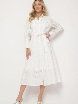 Biała Bawełniana Sukienka z Ażurowym Wzorem i Paskiem Noviellea unigirl