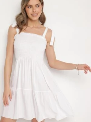 Biała Bawełniana Sukienka z Elastyczną Górą i Wiązanymi Ramiączkami Tolimea defox