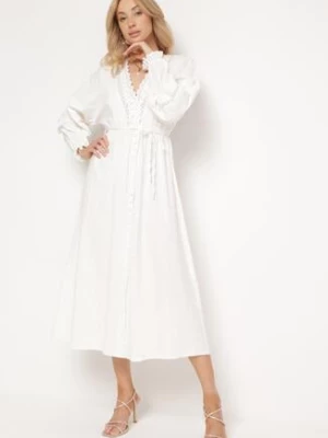 Biała Bawełniana Sukienka z Koronkowymi Akcentami z Gumką w Pasie i Materiałowym Paskiem Jariena