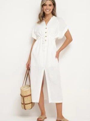 Biała Bawełniana Sukienka z Koszulową Górą i Ściągaczem w Talii Vikleta melya by melody