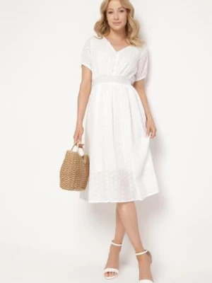 Biała Bawełniana Sukienka z Ozdobnym Haftem i Cienkimi Gumkami w Pasie Gemilla j&x