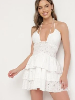 Biała Bawełniana Sukienka z Wiązaniem i Falbanami Zdobiona Haftem Filavienna defox