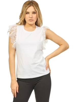 Biała Bawełniana T-shirt z Koronkowymi Szczegółami Gaudi