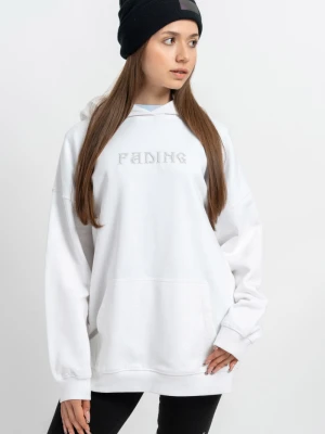 Biała bluza oversize z kapturem z przestrzennym nadrukiem na wysokości piersi Reporter