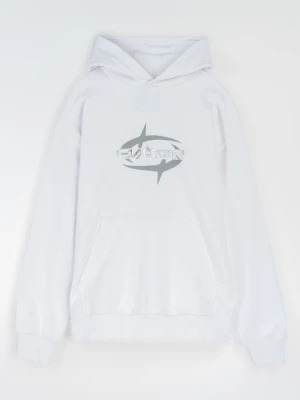 Biała bluza REGULAR z kapturem z autorską grafiką Reporter