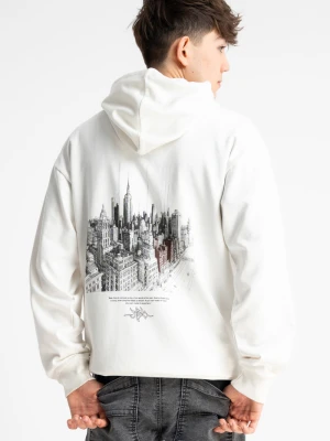 Biała bluza REGULAR z kapturem z autorską grafiką z tyłu Reporter