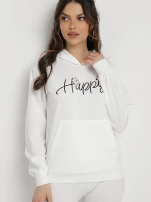 Biała Bluza z Kapturem Napisem i Kangurkową Kieszenią Adrippa metro five