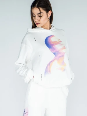 Biała bluza z kapturem z kolorową grafiką z przodu Reporter