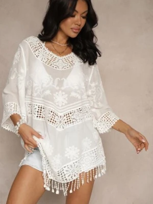 Biała Bluzka Boho z Bawełny o Kroju Oversize Zdobiona Haftem i Koronką Mailenai j&x