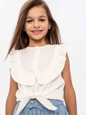 Biała bluzka dziewczęca z wiązaniem z przodu i falbanami Minoti