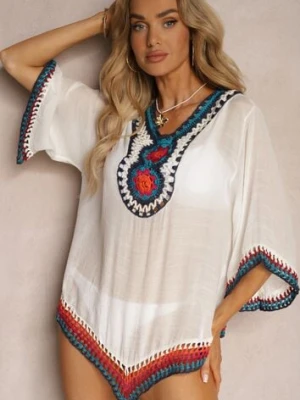 Biała Bluzka Narzutka w Stylu Boho z Rękawem 3/4 Dimiara