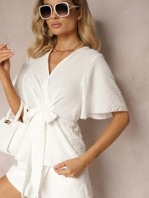 Biała Bluzka o Kopertowym Dekolcie z Wiązaniem w Talii Risabellna cflo