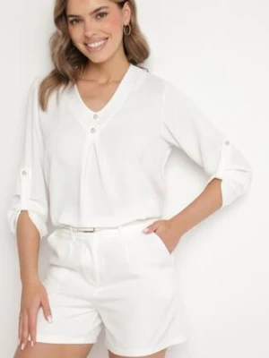 Biała Bluzka o Trapezowym Kroju z Dekoltem w Serek i Podpinanymi Rękawami Aslimi new collection