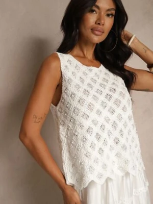 Biała Bluzka Ozdobiona Perełkami i Ażurowym Motywem Halenesa rosa