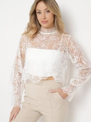 Biała Bluzka Siateczkowa Ozdobiona w Całości Kwiatowym Haftem Nacilla rosa