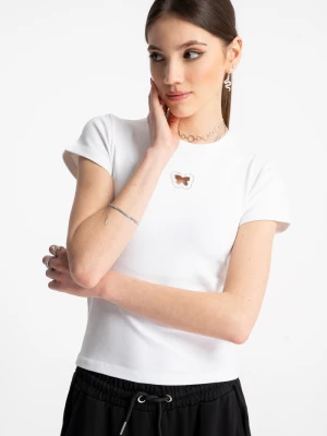 Biała bluzka SLIM z ozdobną aplikacją z przodu Reporter