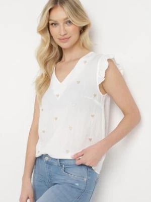 Biała Bluzka Top z Wiskozy bez Rękawów z Falbankami w Haftowane Serduszka Taella melya by melody