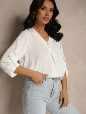 Biała Bluzka Trapezowa z Dekoltem w Kształcie Litery V i Podpinanymi Rękawami Morlimi new collection