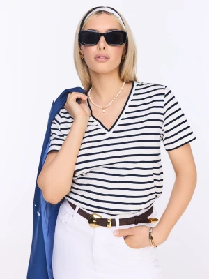 Biała bluzka w granatowe paski z dekoltem V TARANKO