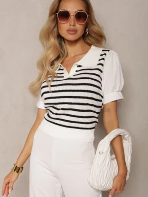 Biała Bluzka w Paski z Kamizelką z Kołnierzykiem i Bufiastymi Rękawami Risina rosa