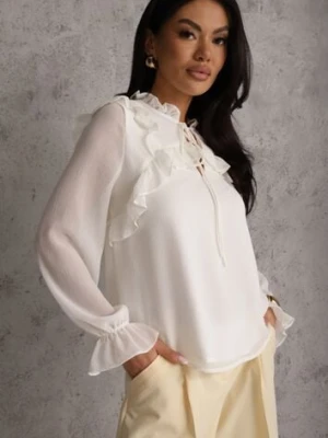 Biała Bluzka w Stylu Coquette z Falbankami i Wiązaniem przy Szyi Seathrina bisou's project