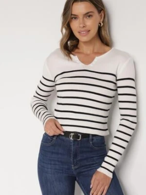 Biała Bluzka z Bawełną w Paski Ozdobiona Guzikami Gelvila j&x