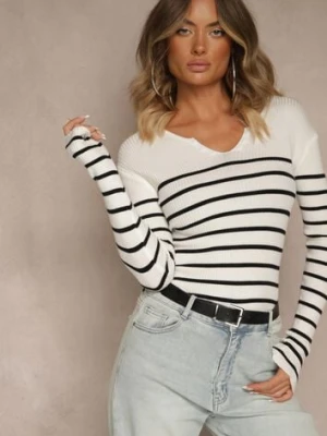 Biała Bluzka z Bawełną z Motywem Pasków i Guzikami Serisse j&x