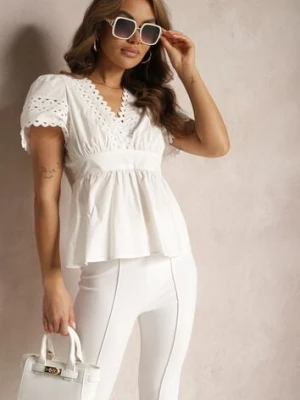 Biała Bluzka z Bawełny Dekolt w V z Ażurowymi Wstawkami Piamara bisou's project