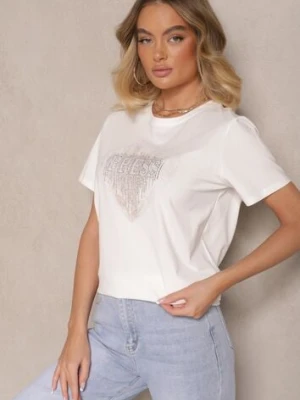 Biała Bluzka z Bawełny Ozdobiona Sercem z Cyrkonii i Napisem Marillena defox