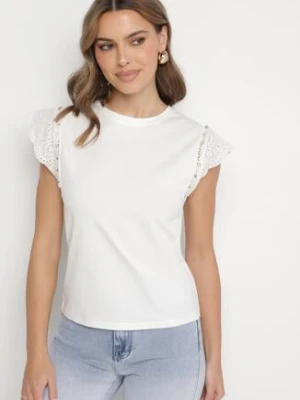 Biała Bluzka z Bawełny z Ażurowym Wzorem i Cyrkoniami Naladora defox