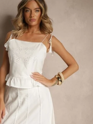 Biała Bluzka z Bawełny z Falbanką Haftami i Frędzlami Milunissa rosa