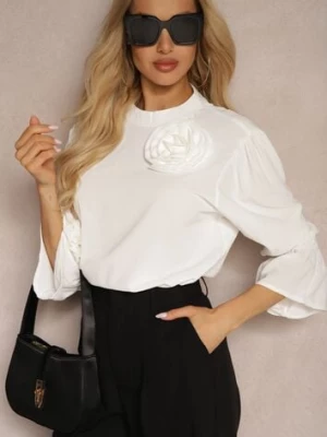 Biała Bluzka z Dodatkiem Bawełny Ozdobiona Kwiatem 3D Merisara wei wei