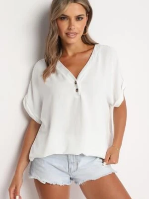 Biała Bluzka z Dodatkiem Wiskozy z Ażurowymi Wstawkami i Guzikami przy Dekolcie Wimari