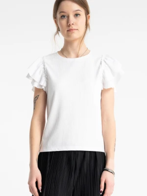 Biała bluzka z dzianiny prążkowanej z krótkimi ozdobnymi rękawami Reporter