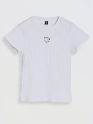 Biała bluzka z dzianiny prążkowanej z ozdobną aplikacją z przodu Reporter