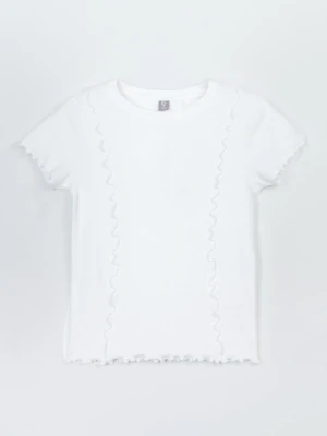 Biała bluzka z dzianiny prążkowanej z ozdobnymi falbankami Reporter