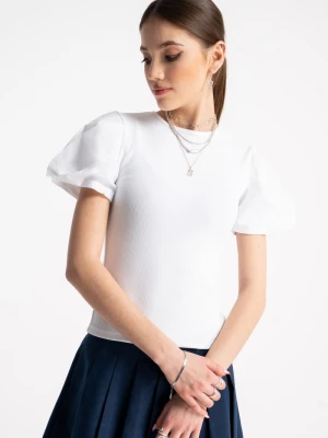 Biała bluzka z dzianiny prążkowanej z ozdobnymi rękawami Reporter