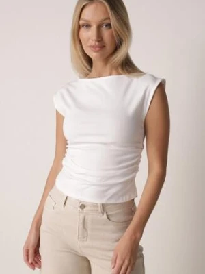 Biała Bluzka z Elastycznego Materiału z Dekoltem Łódką Megaris