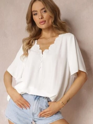 Biała Bluzka z Haftowanym Dekoltem i Krótkimi Rękawami Junelia melya by melody